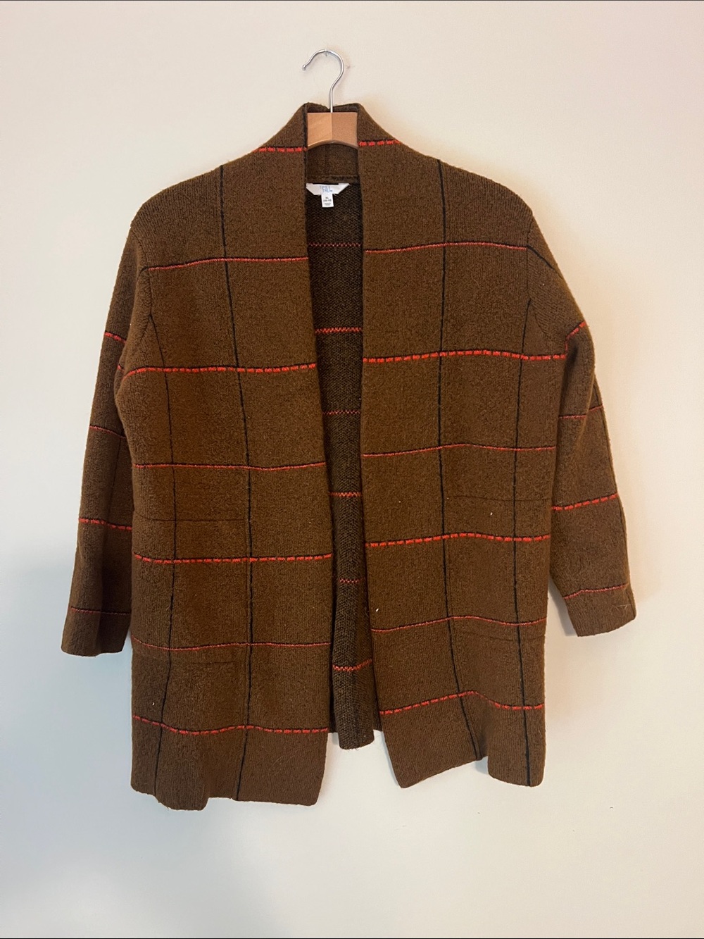 Time and Tru Brown Open-Front Cardigan with Red and Black Grid